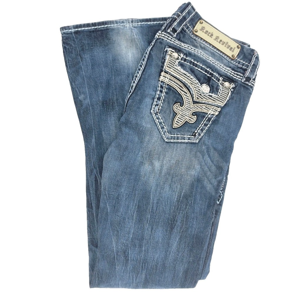 Rock Revival Kai B57 Dark Wash Bootcut Jeans Fleur De Lis Pockets Size 29